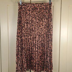 PEYTON JENSEN Pleated Animal Print Salmon Pink Black Midi Skirt Silky Size Small